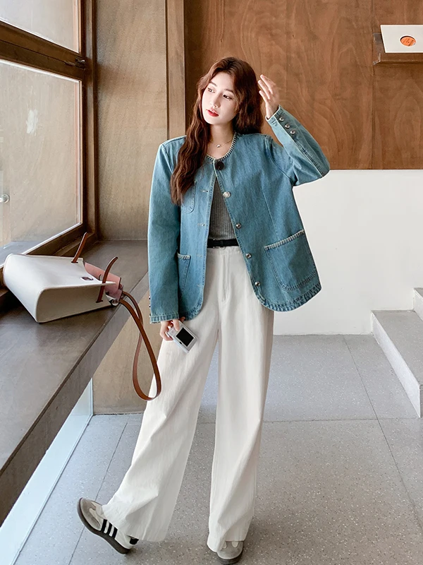 เสื้อยีนส์ทรงกลมสีน้ำเงินแบบลำลองสำหรับผู้หญิง ไซส์เล็ก คอลเลคชั่นต้นฤดูใบไม้ร่วง 2025 รุ่นใหม่ ทรงหลวม สไตล์เกาหลี