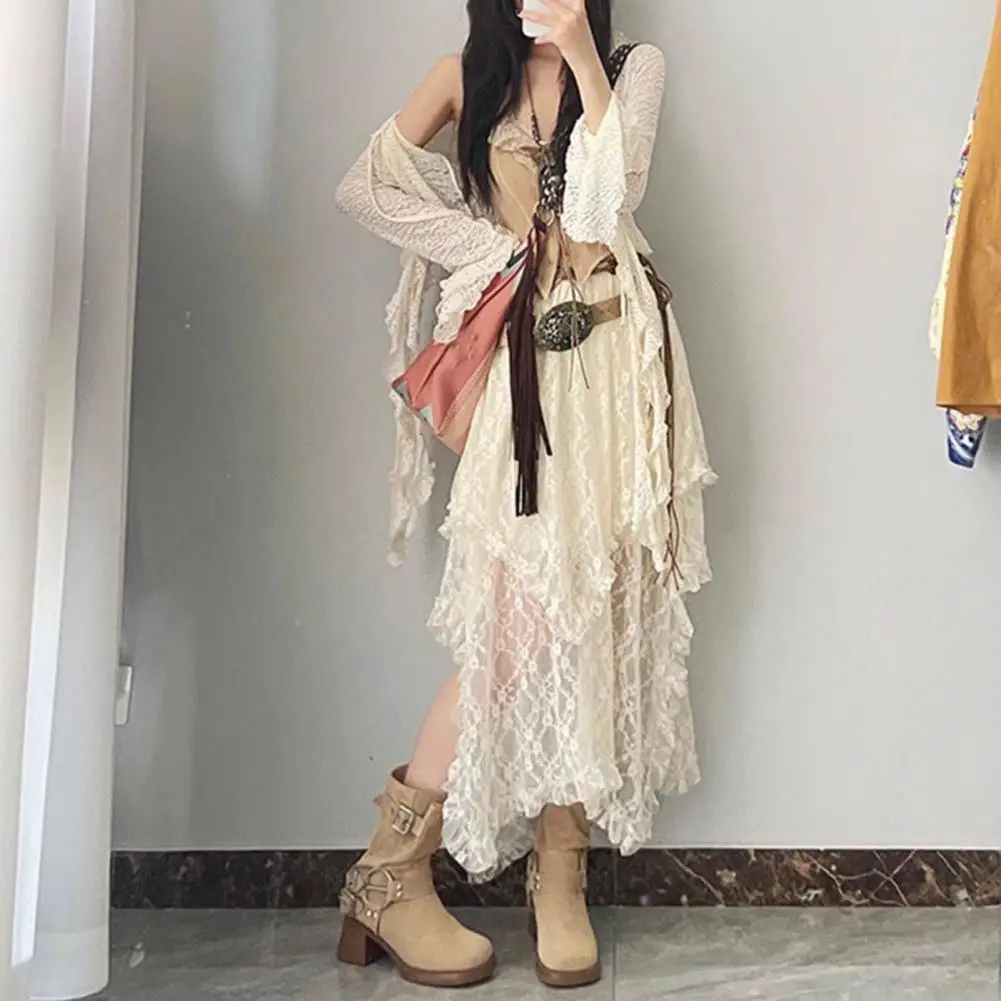 Embroidery Lace Flower Long Skirt Retro Skirt Elastic High Waist Lace Irregular Design Midi Skirt French Style Versatile Skirts