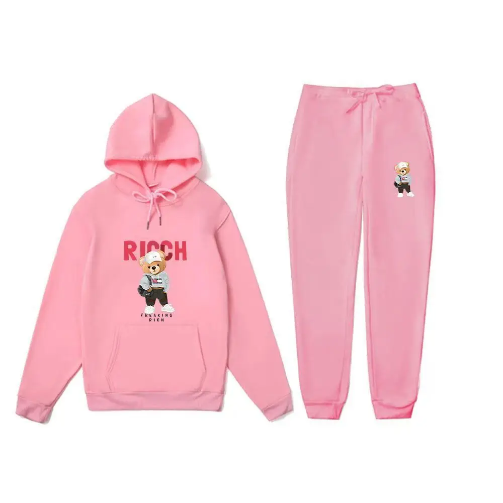 

Новый мужской спортивный костюм унисекс с капюшоном и мультяшным медведем, флисовый, свободного кроя, комплект из двух предметов