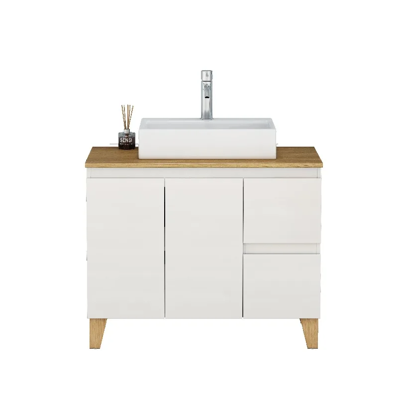 

36-Inch Modern Bathroom Vanity with Sink Combo,2 Doors and 2 Big Drawer, Soft-Clost System,Handle-Free Design,Natural Solid Wood Top and Feet,Square-Shap Ceramic Basin On the Countertop,Glossy White