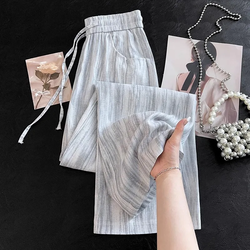 

Striped Ice Silk Versatile Wide-Leg Pants for Women, Summer Thin Tie-Dye Design, Comfortable Loose Slimming Straight Pants