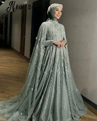 Robes de soirée musulmanes vertes sauge, grande taille, ligne A, manches longues cape, robes de soirée de mariage, sur mesure, perles, moyen-orient, quoi que ce soit