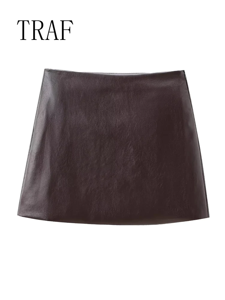 TRAF Autumn Women Faux Leather Skirts 2024 High Waist Elastic Mini Short Skirt Multipurpose For Skater Work Nightclub