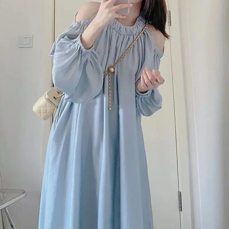 

Blue Summer Dresses Women Off Shoulder Gentle Baggy Casual Fairycore Elegant Folds Girls French Style Chic New Vestidos