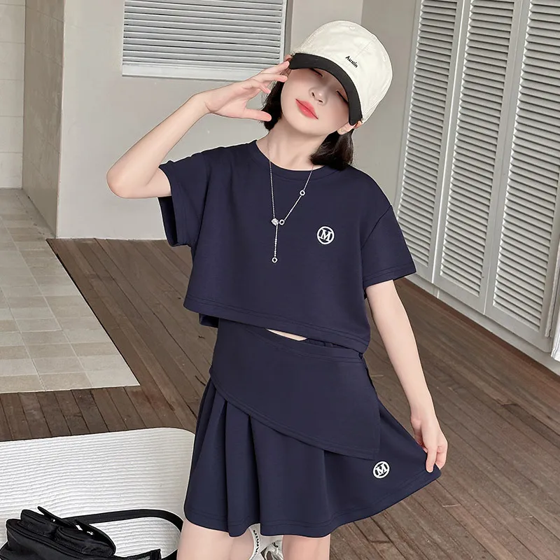 

Fashion Teens Girls' Navy Blue Short sleeved Sports Set Summer New Style Girls Casual M-letter Skirt Pants 2-piece Set