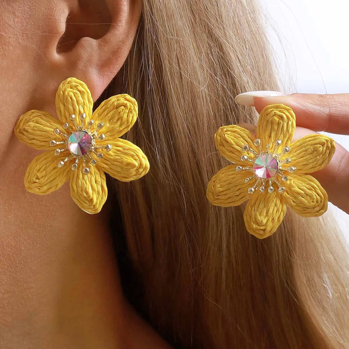 Oversized Yellow Woven Flower Stud Earrings With Sparkly Crystal Center For Women Cute Floral Jewelry Summer Beach Accessories