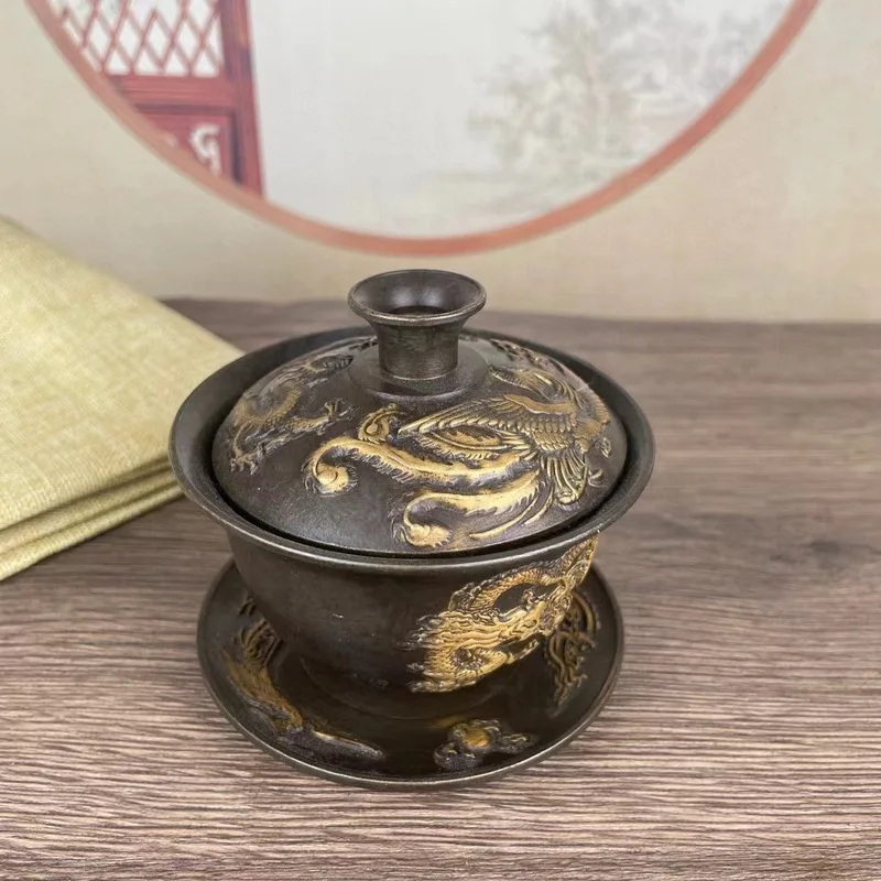 Gilt brass dragon and phoenix gaiwan set, decorative piece, antique home decor, collectible, decorative gift