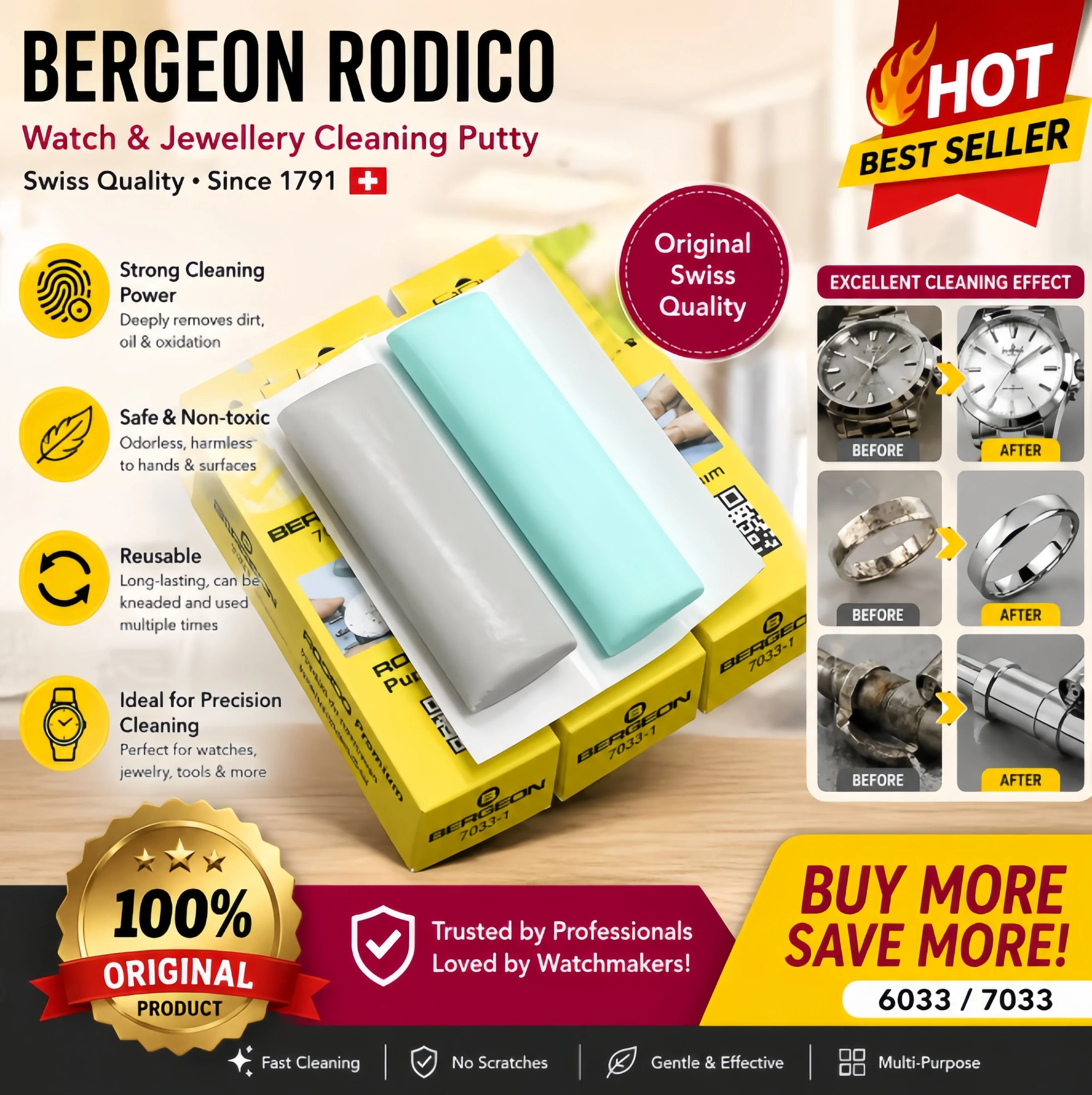 Masilla de Limpieza Original Bergeon Rodico 6033 7033, Limpiador de Relojes, Eliminador de Polvo para Reparación de Relojes, Joyería y Electrónica