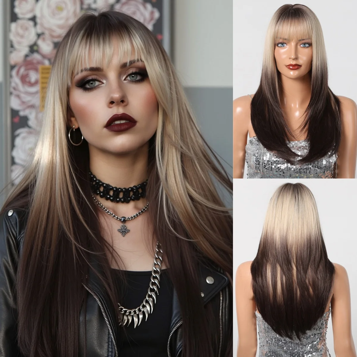 Schwarze Highlight-Rosa-Synthetik-Perücke mit Pony, lange gerade schwarze Highlight-rote Perücke für Frauen, Cosplay, Party, Weihnachten, 66 cm – Detail 15