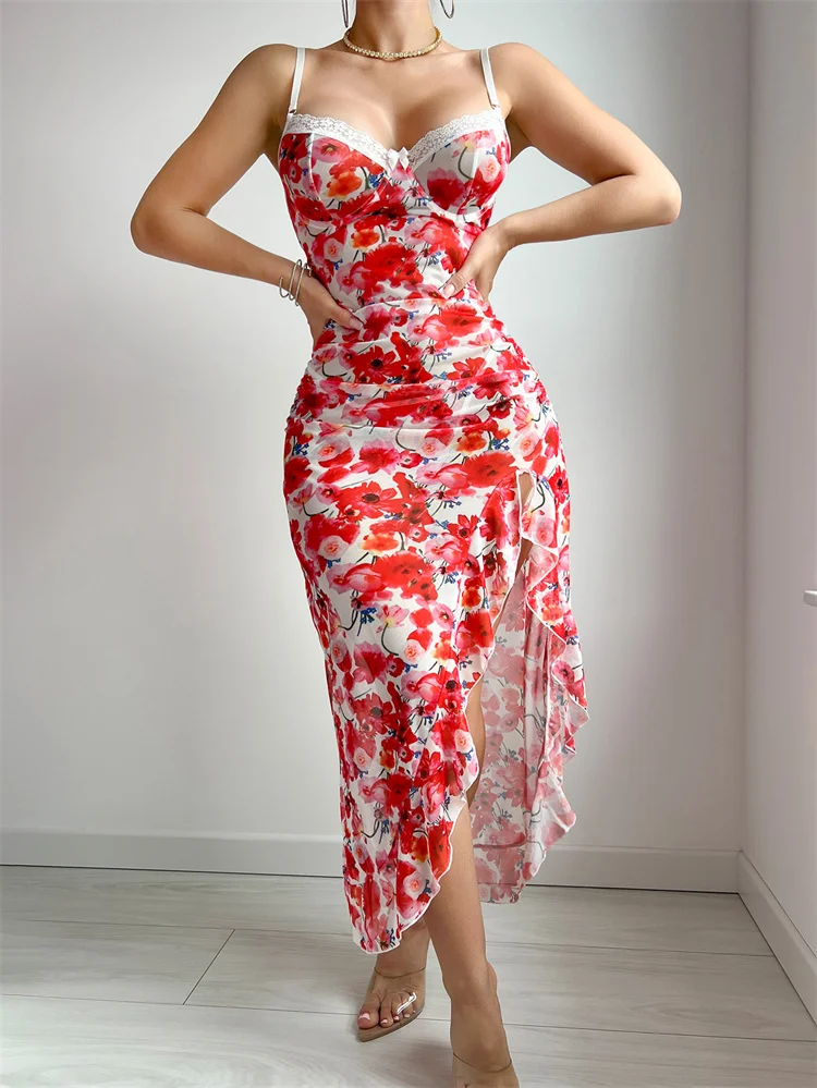 Camicia da notte sexy da donna Bretelle Stampa floreale Indumenti da notte Bellissimi volant in pizzo Splicing Indumenti da notte Abito da pigiama sottile senza maniche