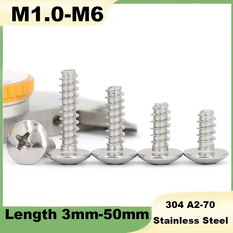 M1.0 M1.2 M1.4 M1.7 M2 M2.2 M2.6 M3-M6 304 Stainless Steel Cross Recess Phillips Pan Round Head Flat End Self-Tapping Screws