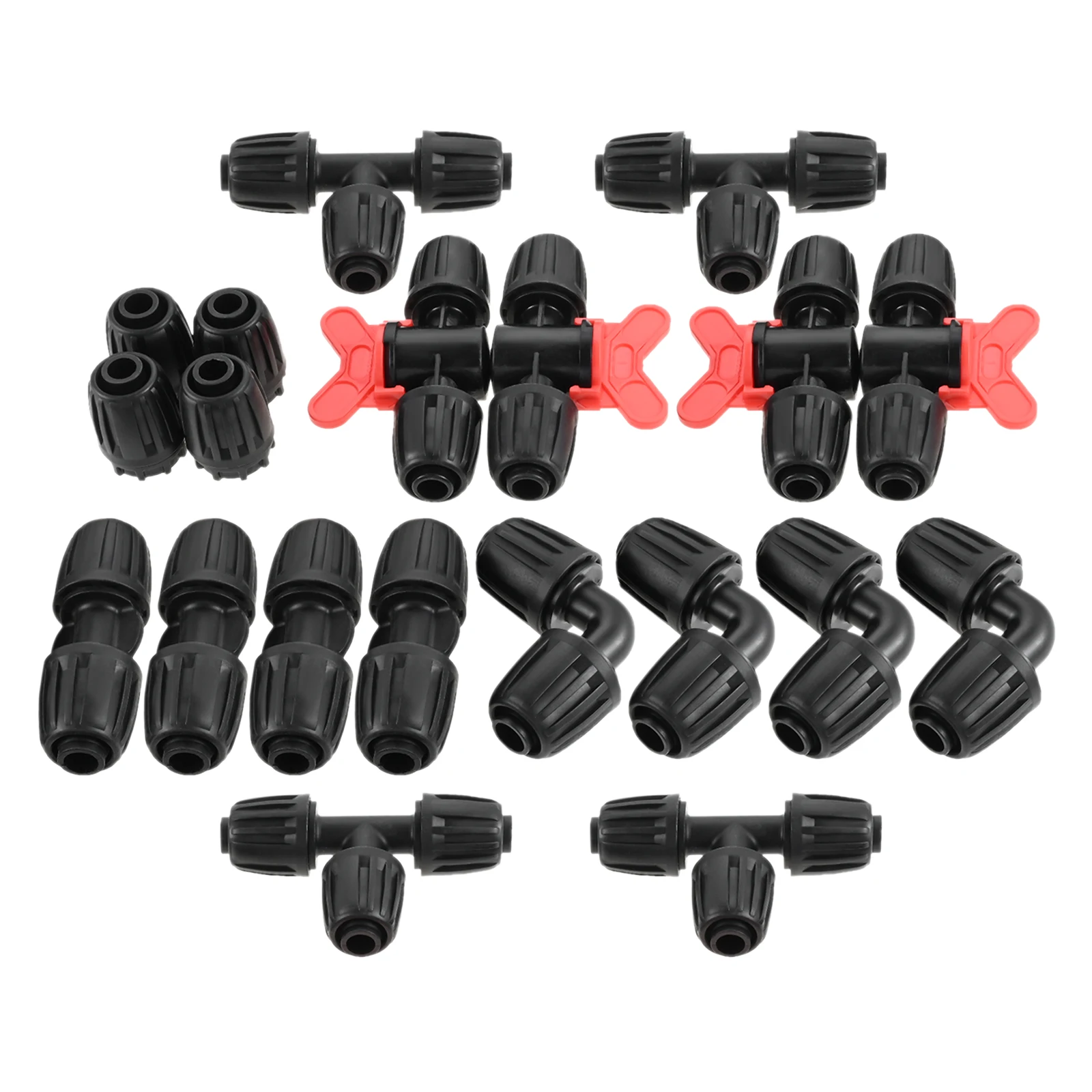 20Pcs Irrigation Fittings Kit for 1/2 Inch Drip Hoses 4 T-pieces Couplings Ends Elbows Switching Valves Barbed Connector Hose