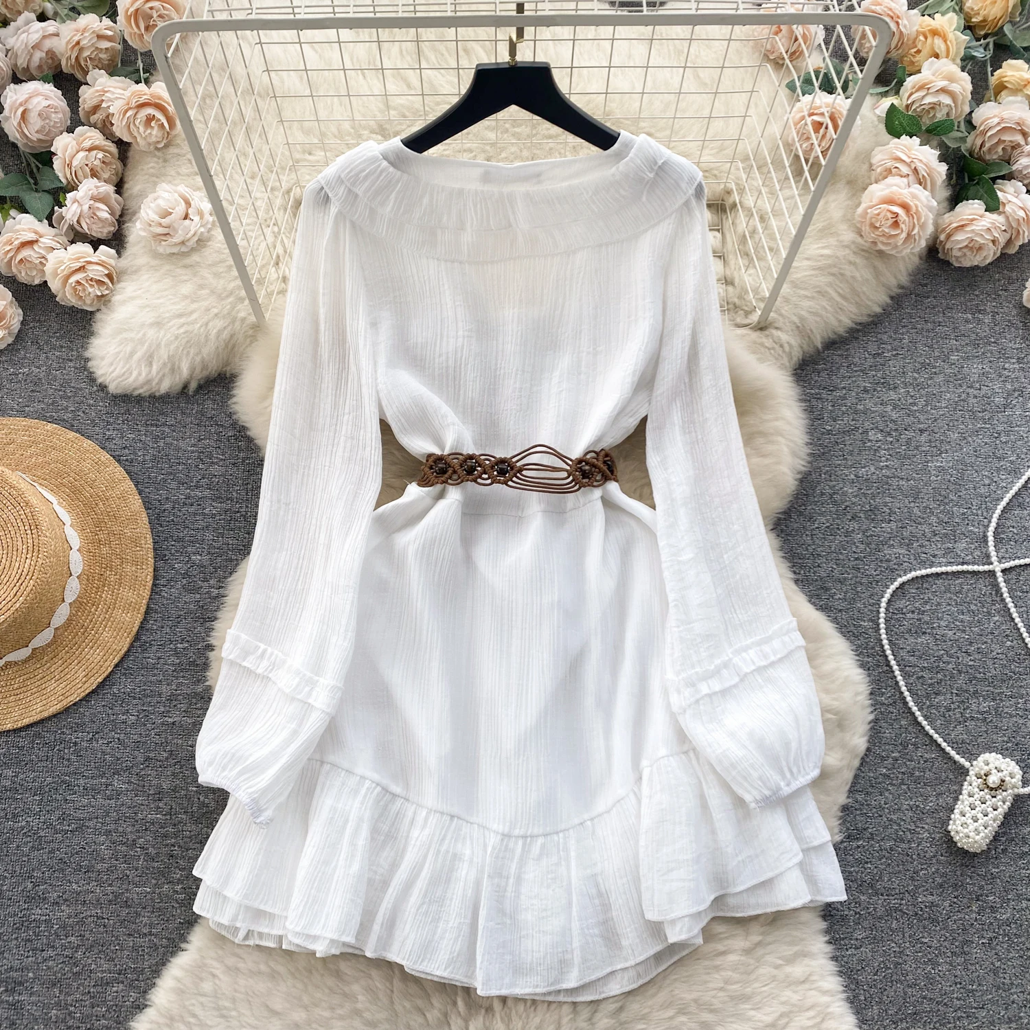 Summer Short White Dress for Women Ruffle Bohemian Hem Dress Drawstring U-Neck Belted Tassel Knee Traf Beach Vacation New In