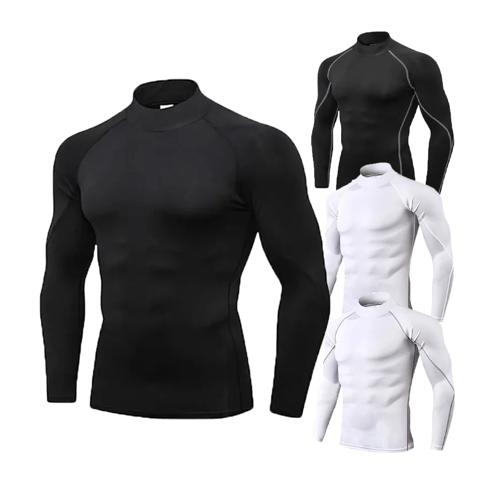 Camiseta ajustada deportiva de manga larga de compresión de secado rápido con cuello alto para hombre, camiseta ajustada para correr, informal, primavera y otoño