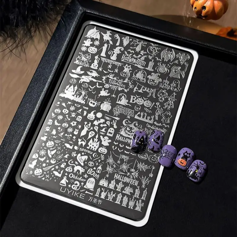 Halloween Nagelkunst-Schablonenplatten aus hochwertigem Edelstahl mit Kürbis-, Totenkopf- und Katzenmuster, 1 Stück für Nagelstudios und Heimgebrauch. – Detail 5