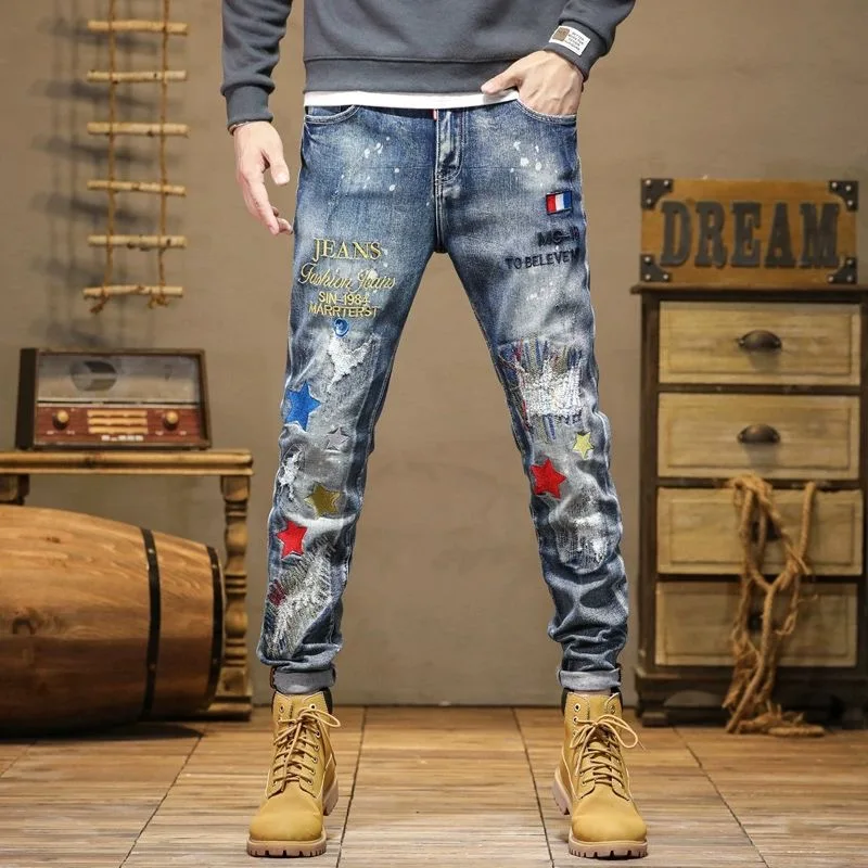 2024 Spring and Autumn New Fashion Trend Printed Stretch Jeans Men's Casual Relaxed Comfortable Breathable High Quality Trousers