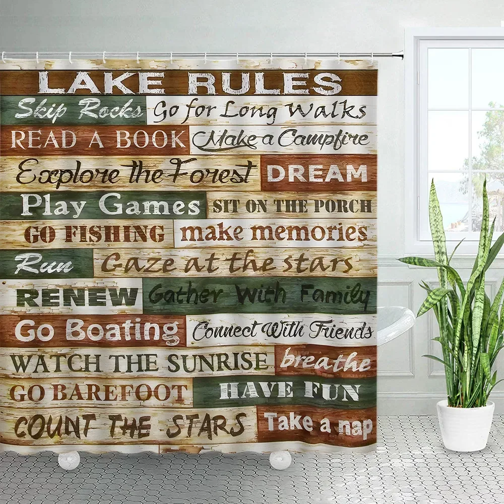 Vintage Old Wooden Board Shower Curtains Lake Rules Famous Quotes Aphorism Print Creative Design Retro Bathroom Decor Set Fabric