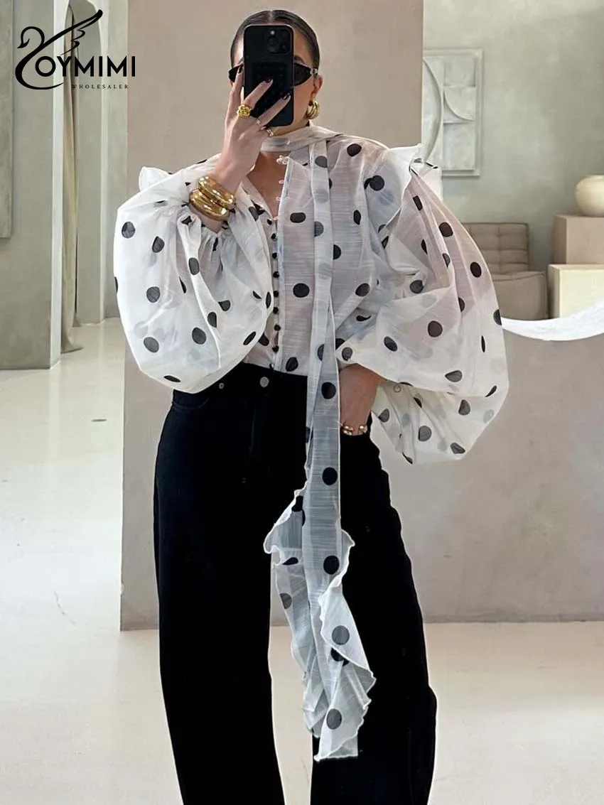 Oymimi بلوزات نسائية بيضاء مطبوعة أنيقة برباط وأكمام منتفخة بلوزات مكشكشة للخريف بلوزة فضفاضة غير رسمية واحدة الصدر #4