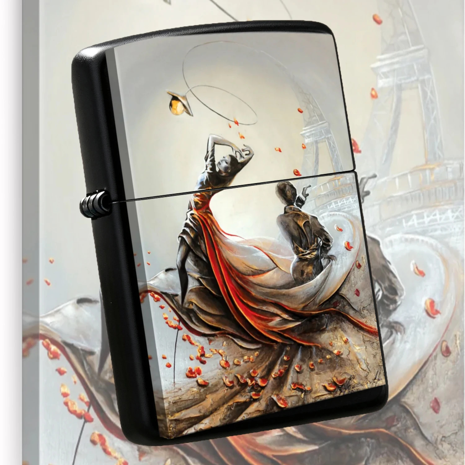 Romantic Paris Dance Art Print Lighter, Eiffel Tower Rose Petal Themed Stylish Portable Ignition Tool, Versatile For Daily Use, Travel, Gifting, Exquisite Artistic Decorative Practical Accessory To Show Unique Taste For Any Occasion A Humor