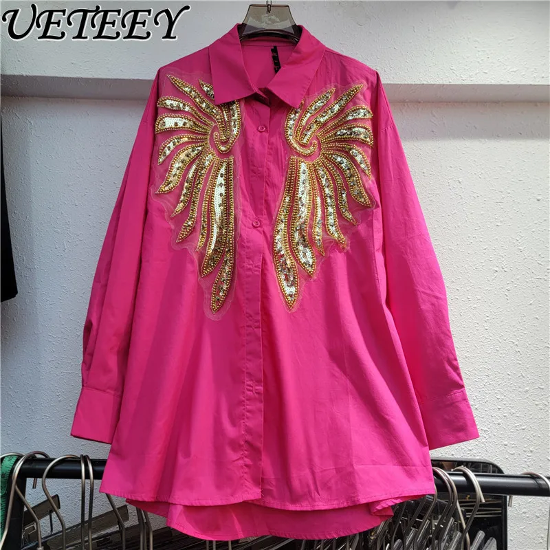 

2024 Autumn New Heavy Industry Luxury Minority Beaded Decorative Design Long Sleeve Shirt Loose Casual Rose Red Blouse White Top