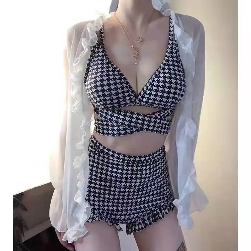 Korean 2023 Song Zhiya Star Same Swimsuit Thousand Bird Lattice Cross Strap Women Sexy Bikini Set Ladies Swimwear Female Suit