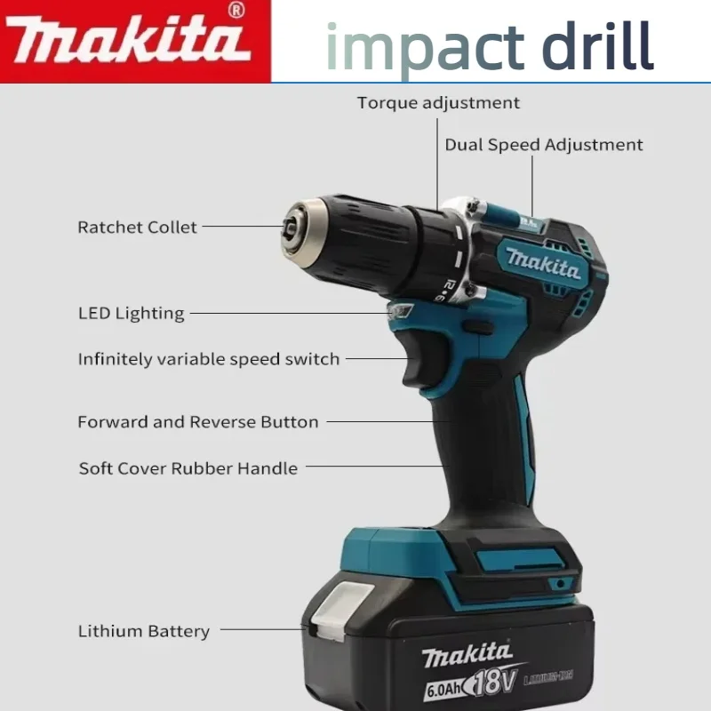 마키타 18V 배터리용 DDF487 10mm 브러시리스 리튬 전동 충전식 임팩트 드릴 대형 토크 드라이버