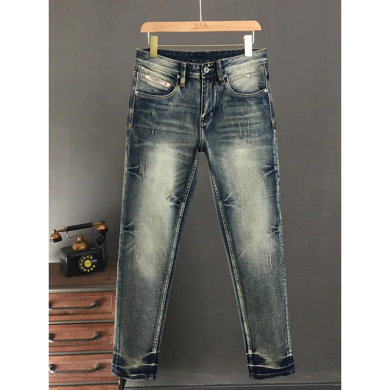 جينز أمريكي عتيق للرجال بنمط خريفي بقصة ضيقة وأنبوب مستقيم صغير اتجاه بسيط كشط 2025 سراويل ريترو جديدة #3