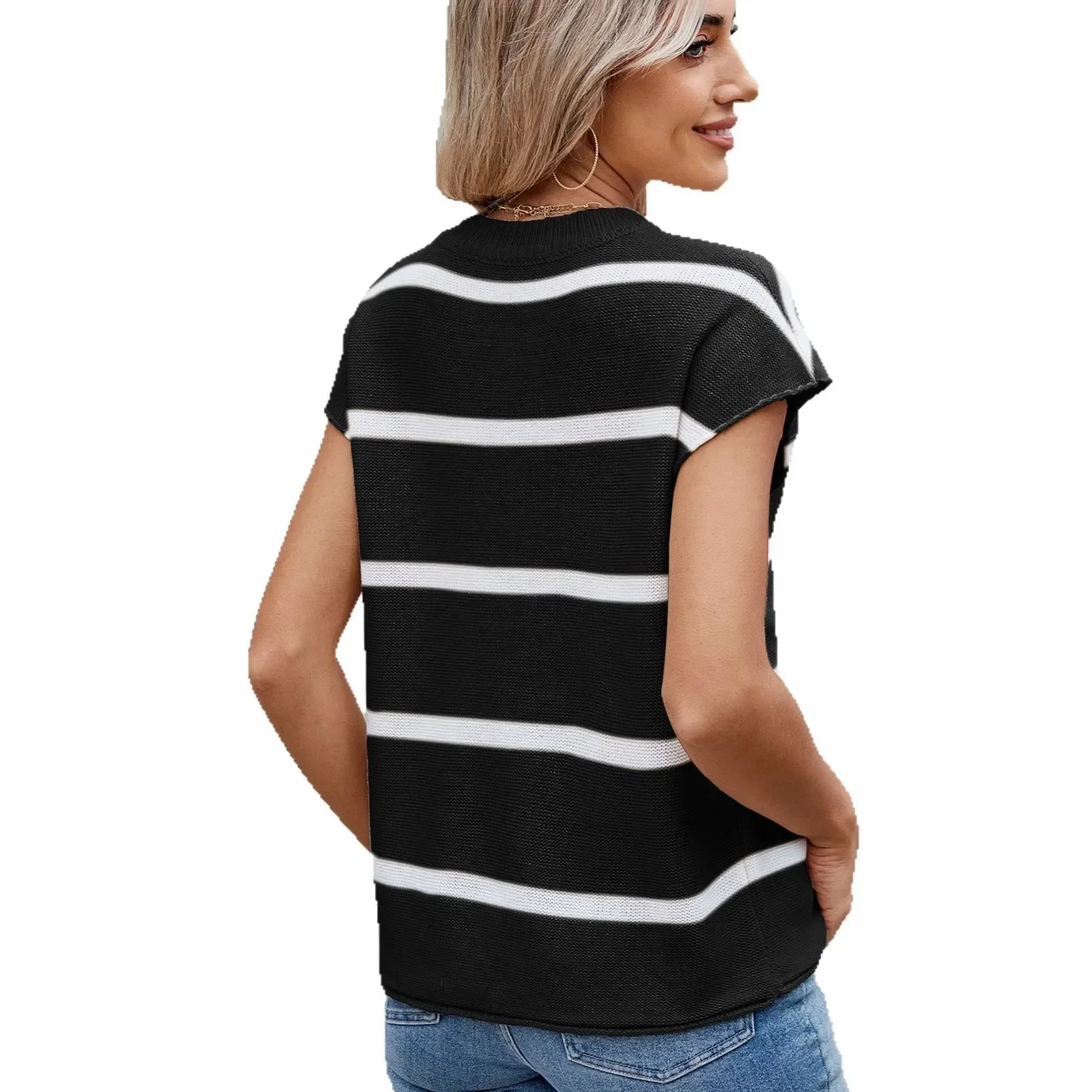 Summer New Solid-color Short-sleeved Pullover Knitted Sweater. Ladies' Casual Round-neck Patchwork Casual Knitted Sweater Top