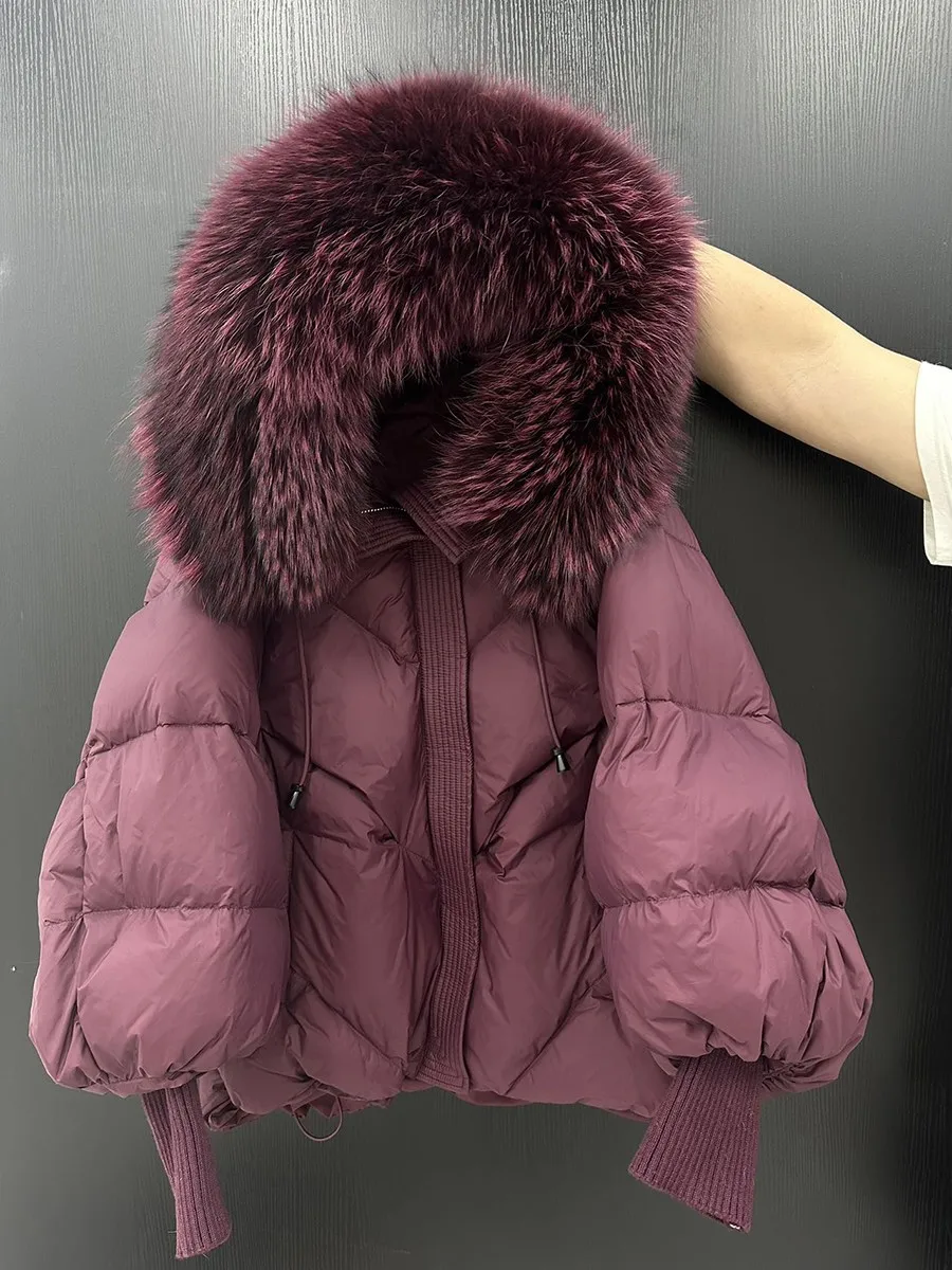 Frauen Weiße Ente Unten Outwear Winter Natürliche Große Pelz Kragen Mit Kapuze Unten Jacke Weibliche Laterne Hülse Warme Stepp Jacke