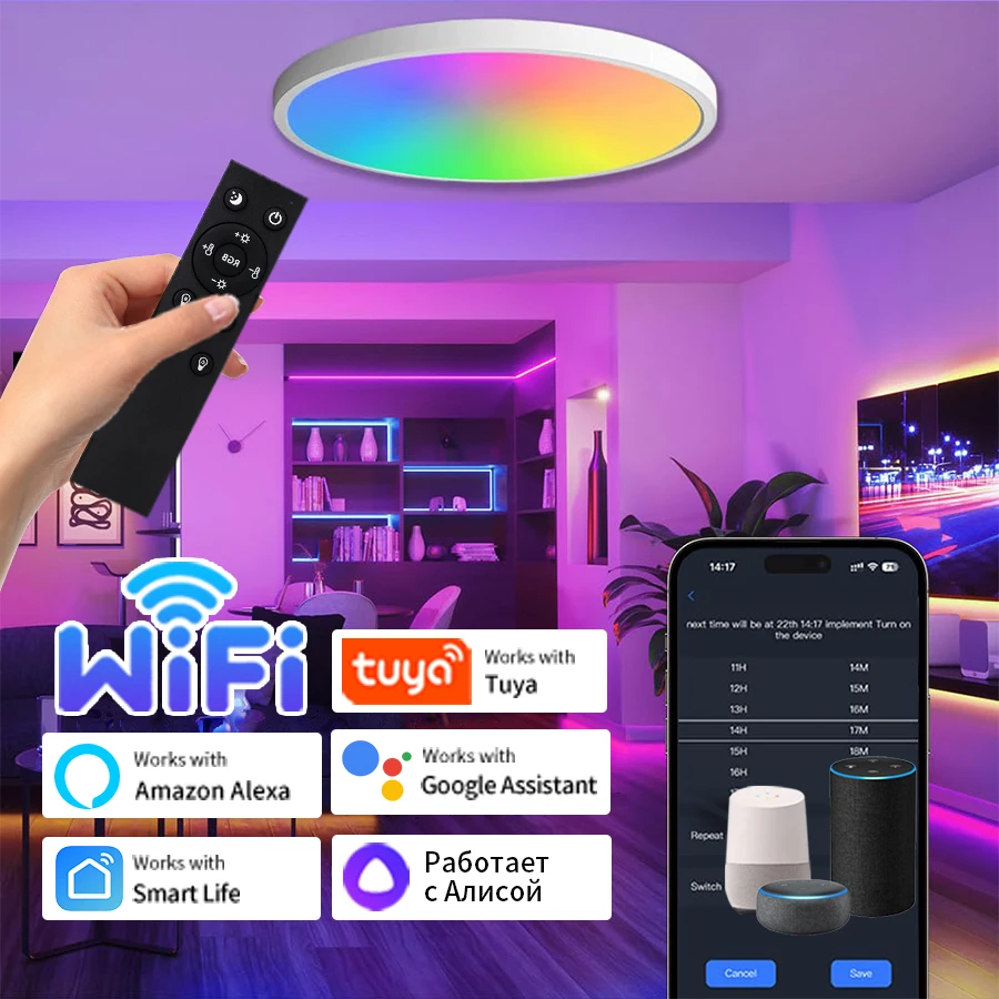 Tuya Wifi Led Ceiling Light 220V with RF 2.4G Remote Group Control Alexa Google Smart Life RGB White Flush Mount Light Fixture