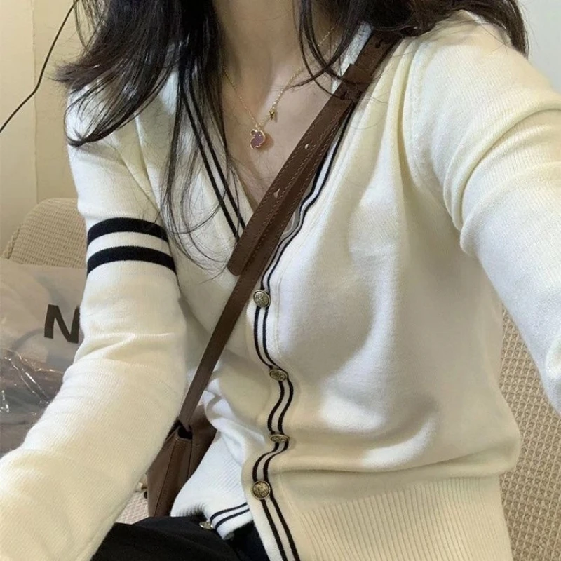 

Preppy Style Striped Patchwork Knitting Cardigan Spring Autumn New Long Sleeve V Neck Korean Sweaters Fashion Lazy Women Clothes