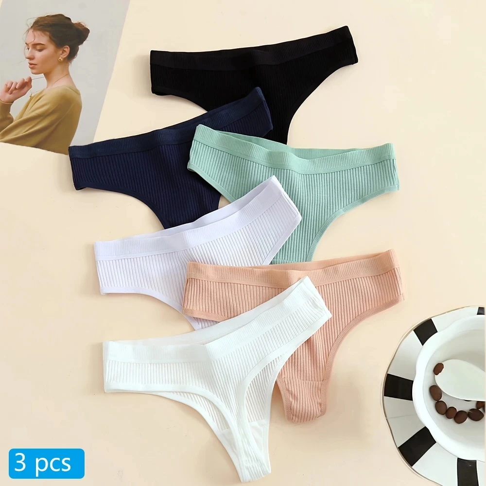 3Pcs/Lot Women\'s Panties Cotton Underwear Low Waist Briefs Girls Seamless Solid Color Underpant Female Sexy Tanga Thong T Back