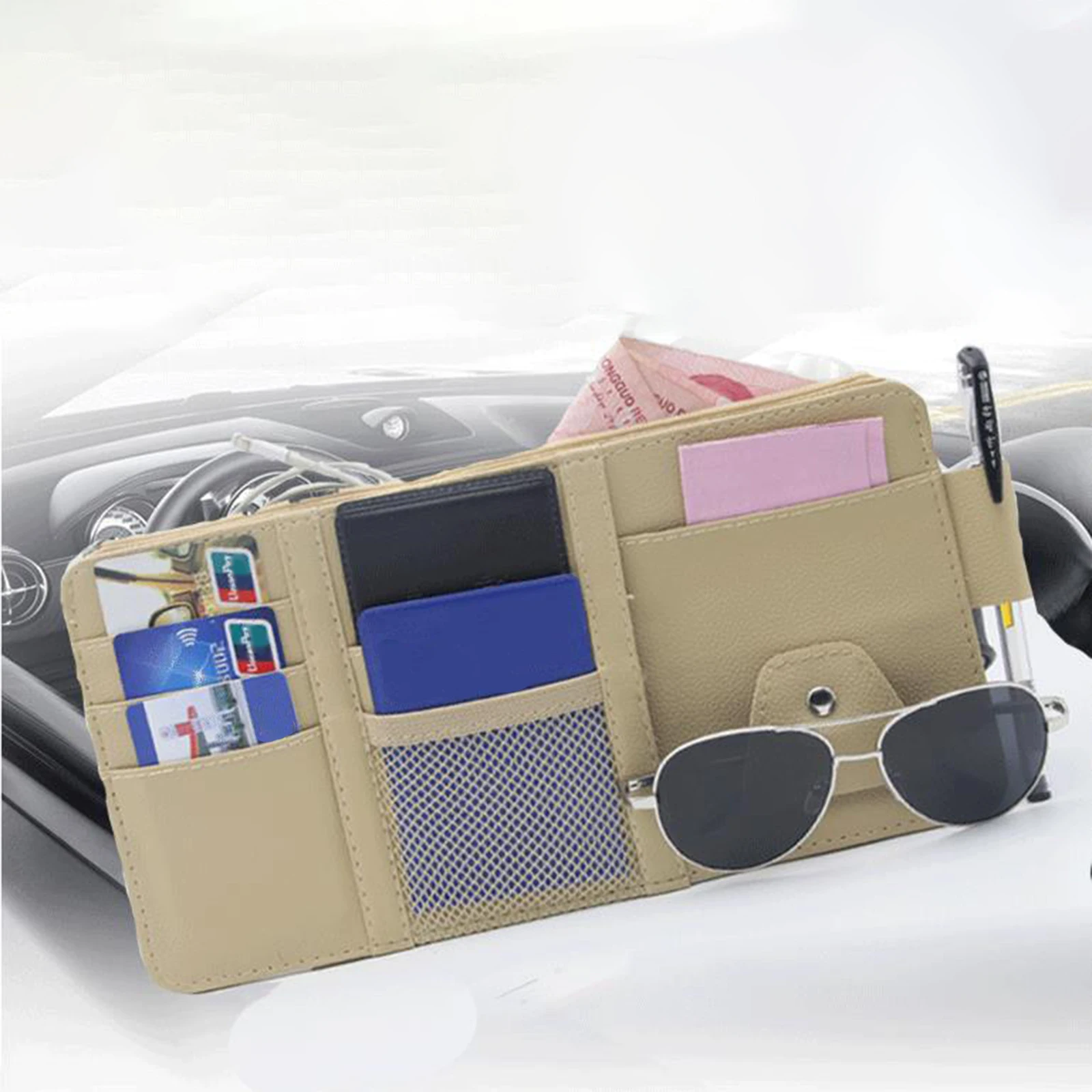 Car Sun Visor Organizer Storage Ziper Pocket PU Pouch Bag Card Glasses Pen Holder Multi-Pocket Auto Interior Accessories