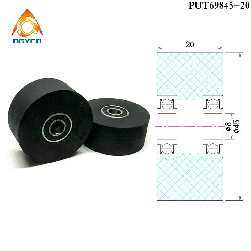 

1pcs 8x45x20 Double Bearing Polyurethane Guide Pulley PUT69845-20 OD 45mm Rubber Coated Bearing Roller 8*45*20 PU Pulley Wheel