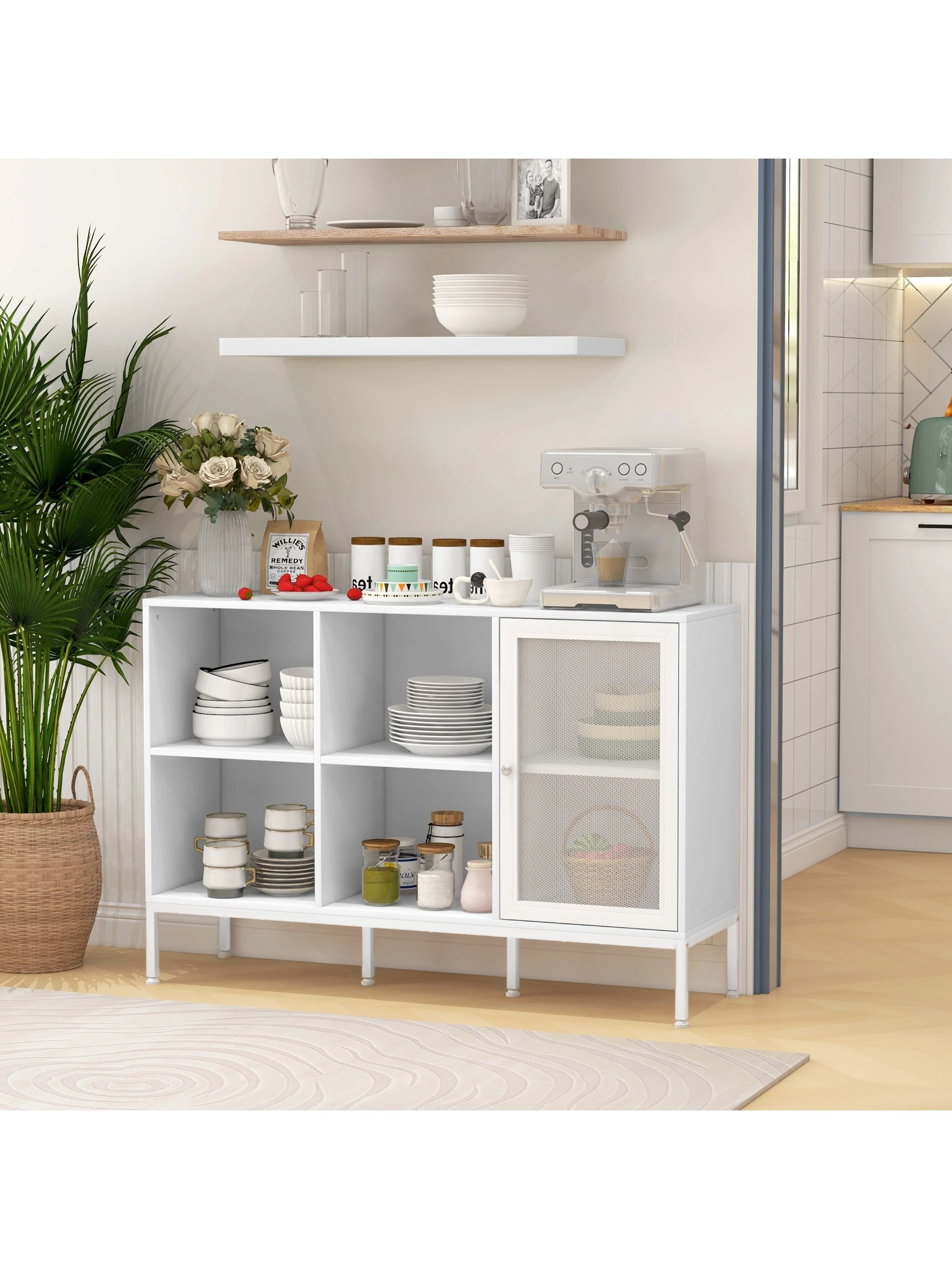 HOMCOM Keukenbuffet Wit met Gaasdeur, 4 Open Vakken en Verstelbaar Plank 120x37x81,5 cm - afbeelding 2
