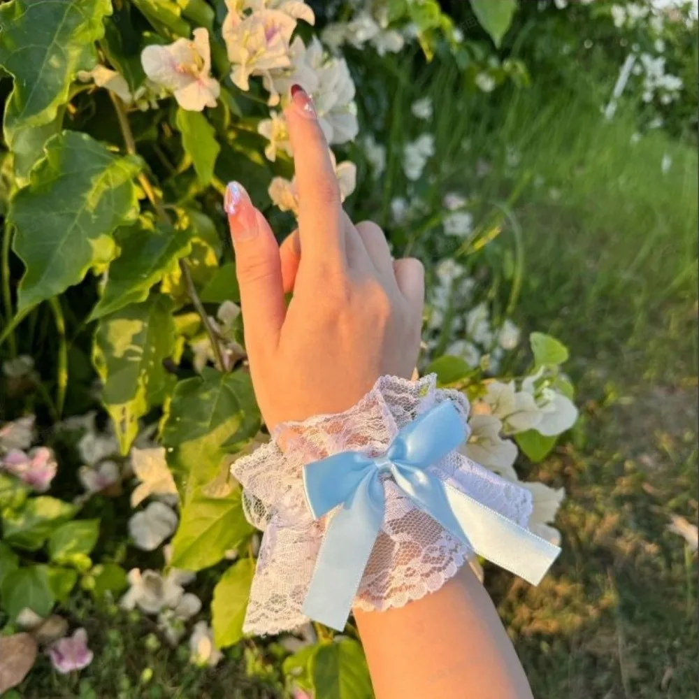 Japanese Ruffled Lace Hand Sleeve Cuffs Lolita Bowknot Cosplay Wristband Floral Tulle Sweet Satin Fake Sleeve Gloves For Women