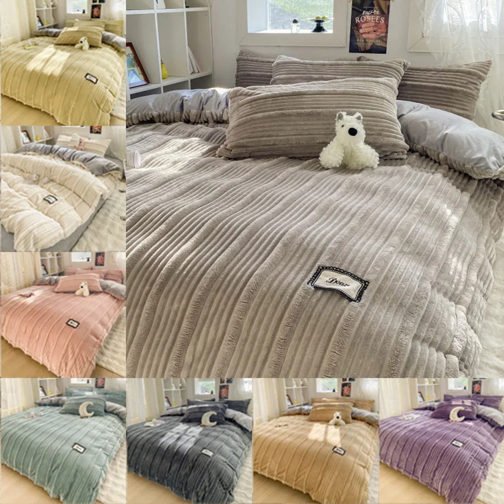 

4PCS/set Thick Solid Color Velvet Duvet Cover Winter Warmth Bedding Set Double Quilt Cover Twin Queen King Comforter Cover