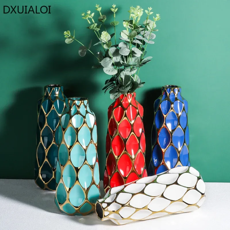 

Creative geometric grid ceramic vase Nordic style home decoration accessories modern desktop flower ornaments flower vase