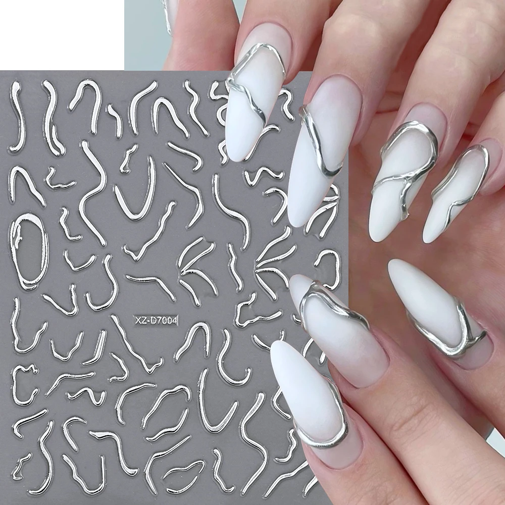 1Pcs 3D Metal Silver Thorn Flame Nail Stickers Irregular Abstract Lines  Adhesive Slider Y2K Spicy Girls Nails Decoration Decals