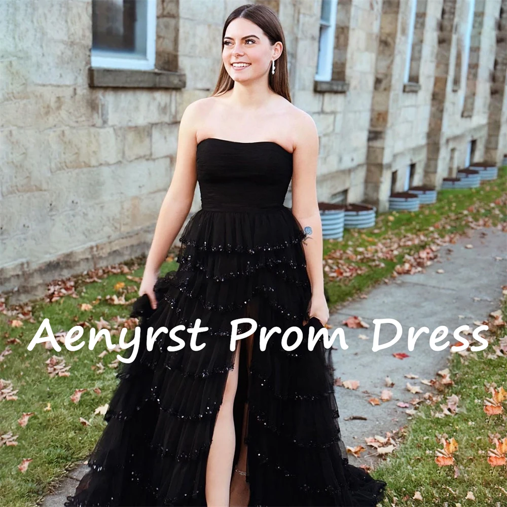 Aenyrst-vestido de noche negro sin tirantes para mujer, traje de graduación con lentejuelas escalonadas, abertura lateral, largo hasta el suelo, fiesta de cumpleaños