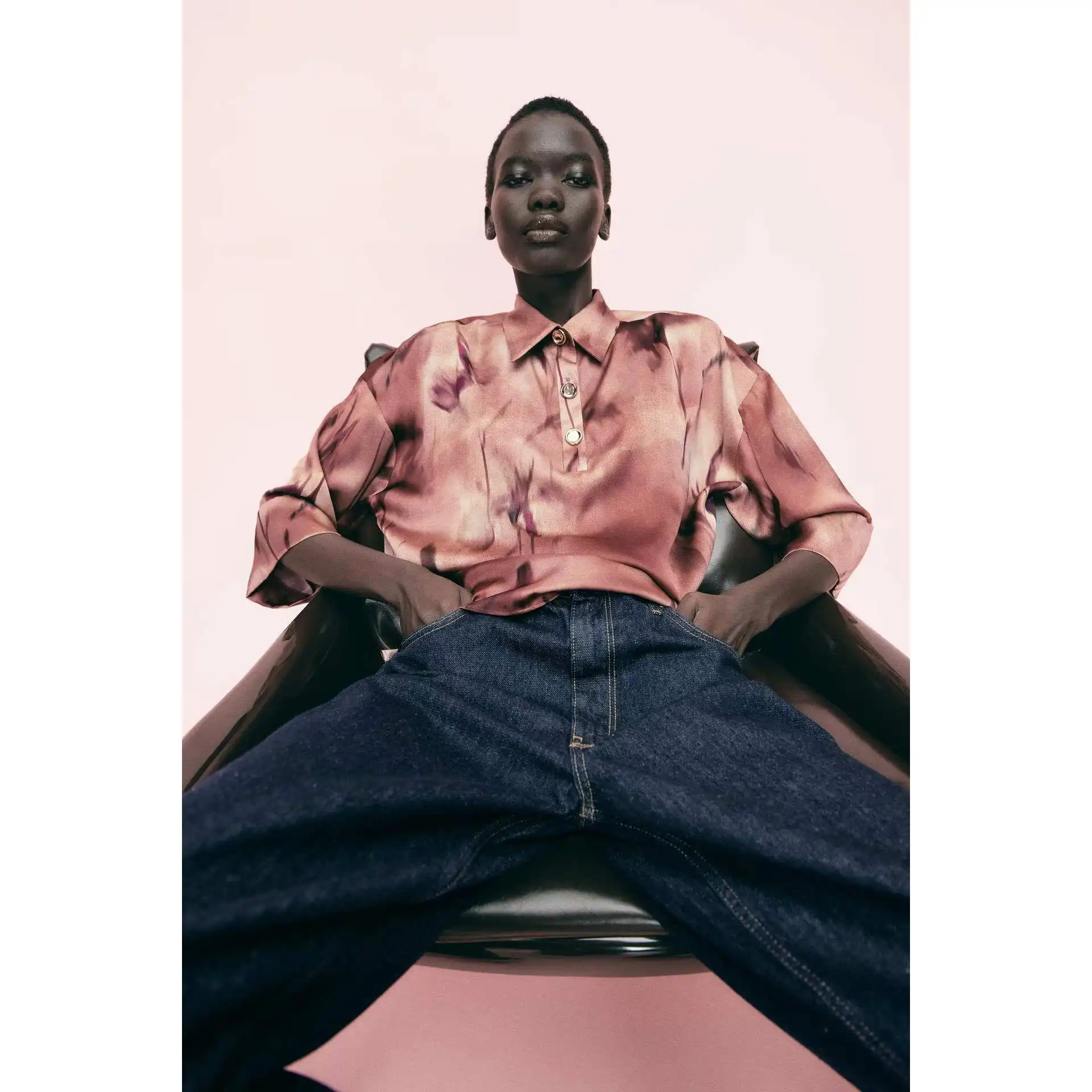 Fashionable Silk Satin Print Shirt Women's New Spring Summer Polyester Fiber Short Sleeve A-Line Sleeve Non-Shrinking