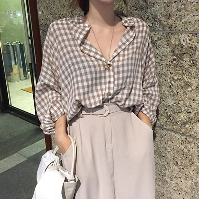 Cute Sweet Tops Women Fashion Temperament Lady Korean Design Boyfriend Blouses Shirts Cute Girls Button Plaid Loose Shirts 832