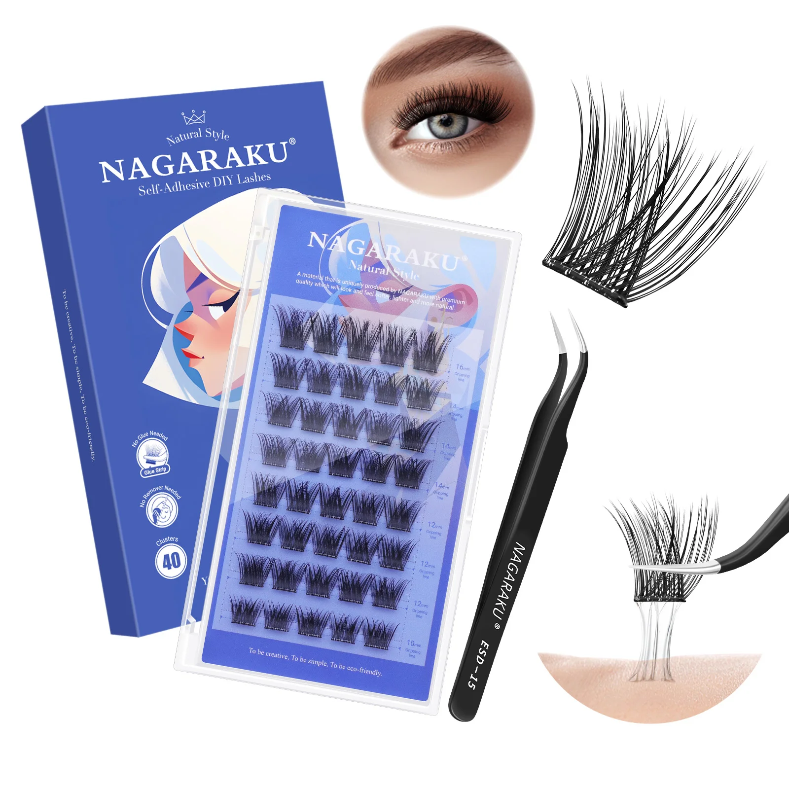 NAGARAKU Selbstapplizierbare Manga DIY Cluster-Wimpernverlängerung Segmentierte Wimpern Kleberfreie Make-up-Tools Anti-Klebstoff-Pinzette – Detail 2