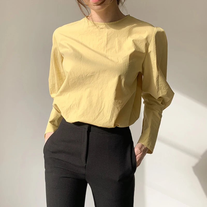 

Spring 2023 Women's mat round Ne Bubble Sve irt Pure Color Versatile Long Sve Personali Top Korean Sle C...