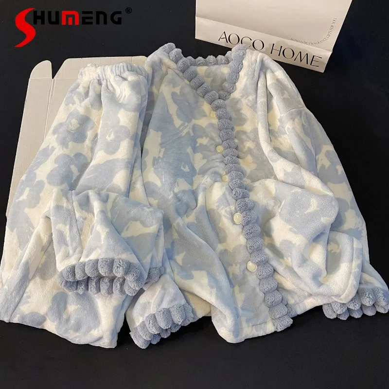 

Winter New Thickened Pajamas for Women Fleece Lined Blue Homewear Set Female Japanese Style Warm High Street Sleep Suits