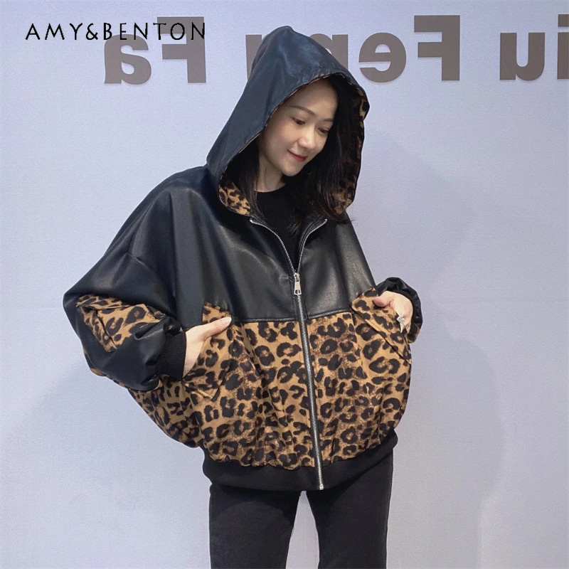 

Autumn Leopard Print Patchwork Leather Cardigan Jacket Women's Rhinestones Long Sleeved Versatile Batwing Sleeve Leather Jacket