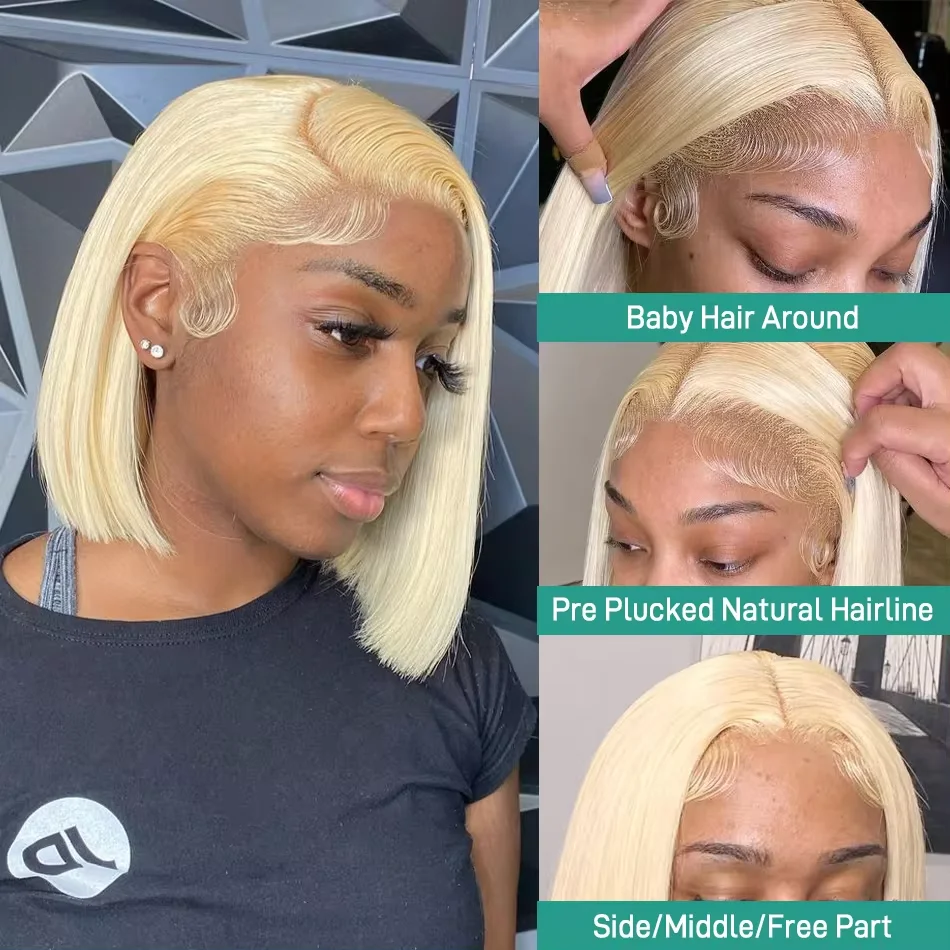 Blond Straight 613 Short Lace Bob Wig 13×4 Transparent Lace Front Human Hair Wigs 180 Density Brazilian Straight Human Hair Wig