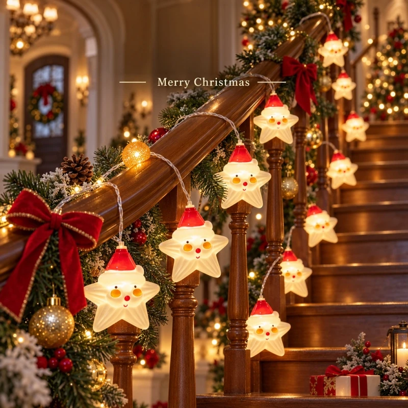 LED Christmas String Lights Battery Operated Star Candy Cane Warm White Glowing Hanging Decorative Lights Holiday Ornaments