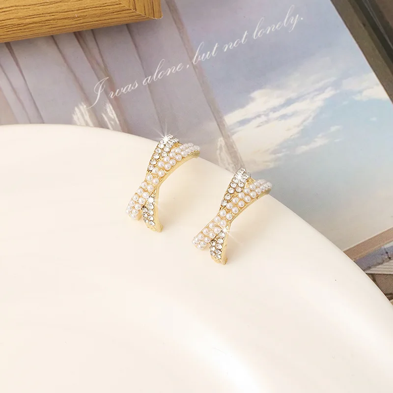 Fashion New Korean Geometric Cross Zircon Hoop Earrings For Women Handmade Sweet Simulated Pearl Circle Jewelry Gifts
