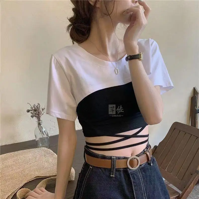 Summer Korean Loose Ultra-Short T-Shirt Women's Shoulder Design Fake Sleeve Slimming Outer Covering Shirt Simple Elegant